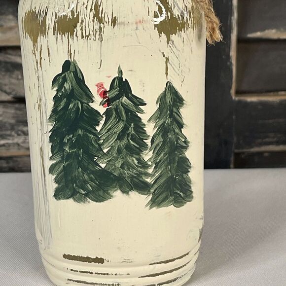 Hand Painted Pine Trees on old bottle Red Pine Cones - Picture 3 of 4